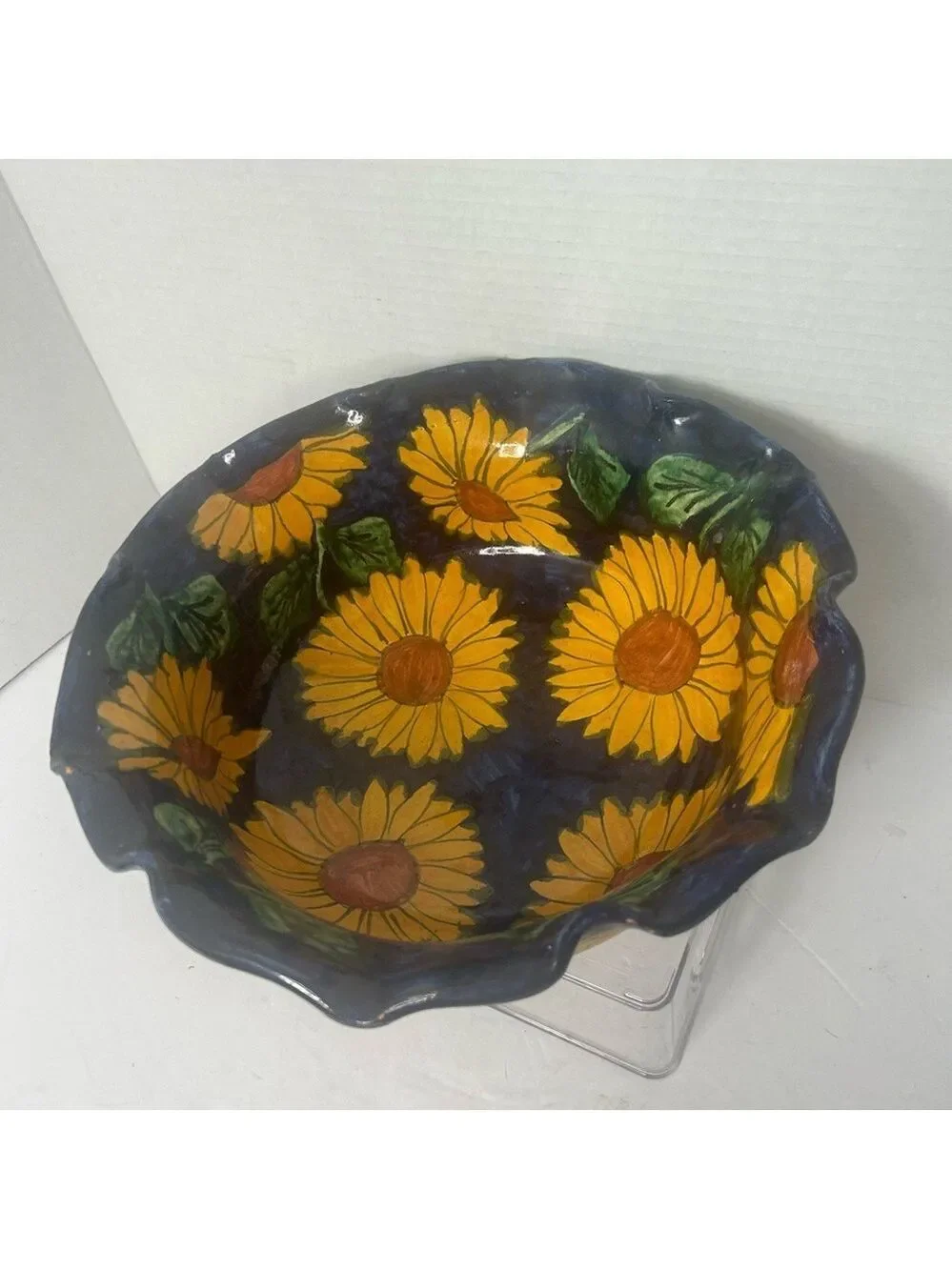 Vibrant Yellow and Green Sunflower Ceramic Art Bowl